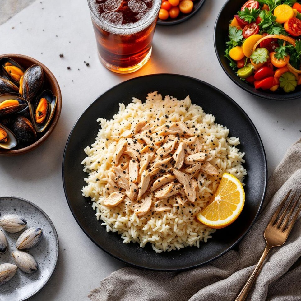 1,5 Tavuklu Pilav + 10 Midye+Salata + Turşu Biberi+Coca Cola 330 ml