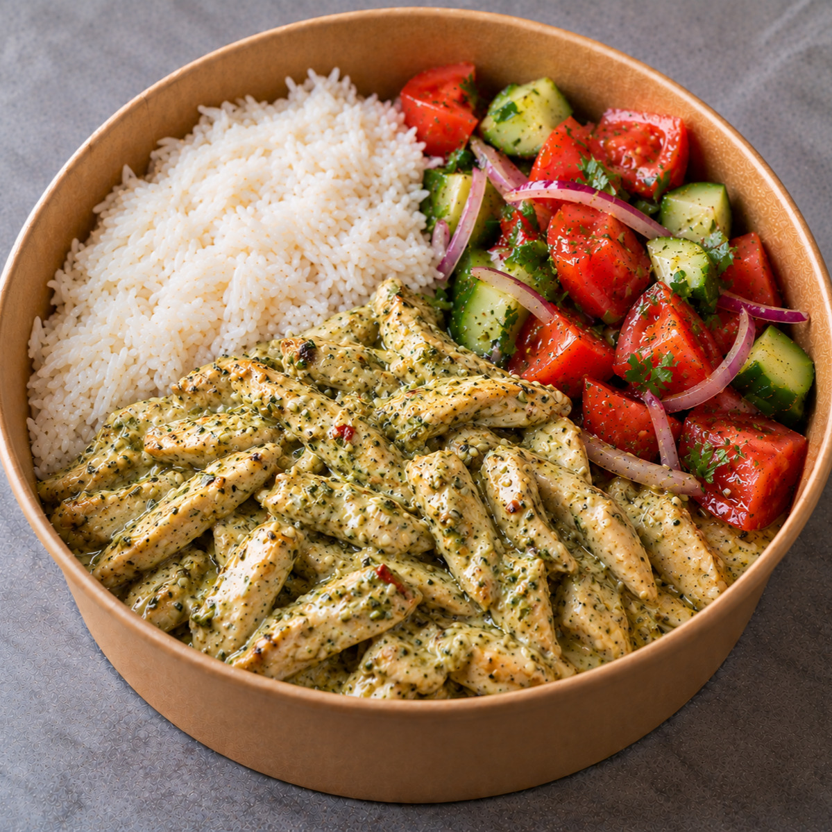 Pilav & Pesto Soslu Tavuk & Çoban Salata Bowl