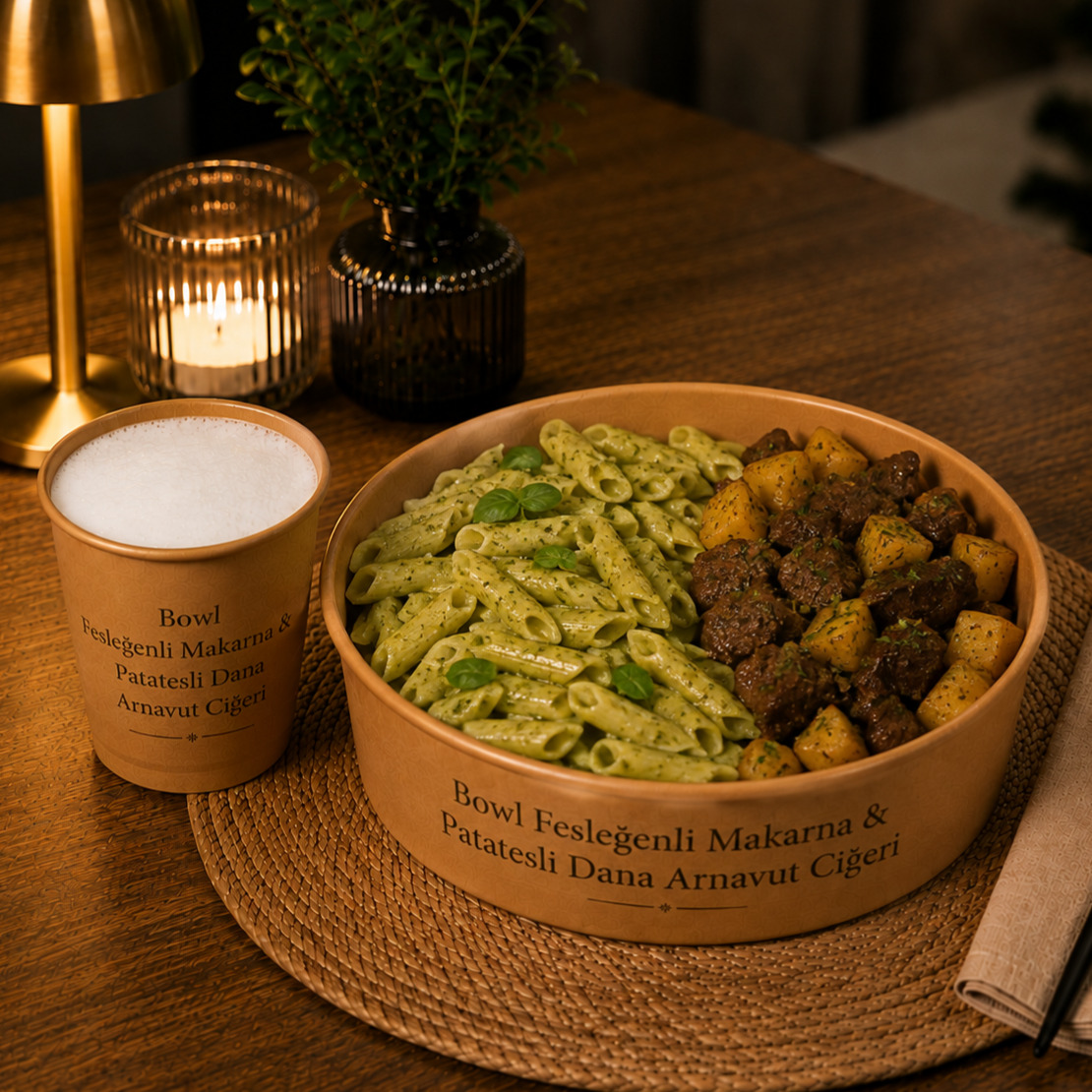 XXL Bowl Fesleğenli Makarna & Patatesli Dana Arnavut Ciğeri + Ayran