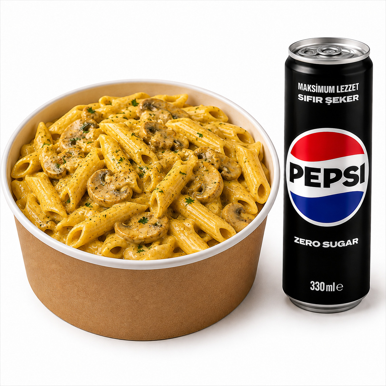 Köri Soslu Mantarlı Penne & Pepsi Max (330 ml) Menü