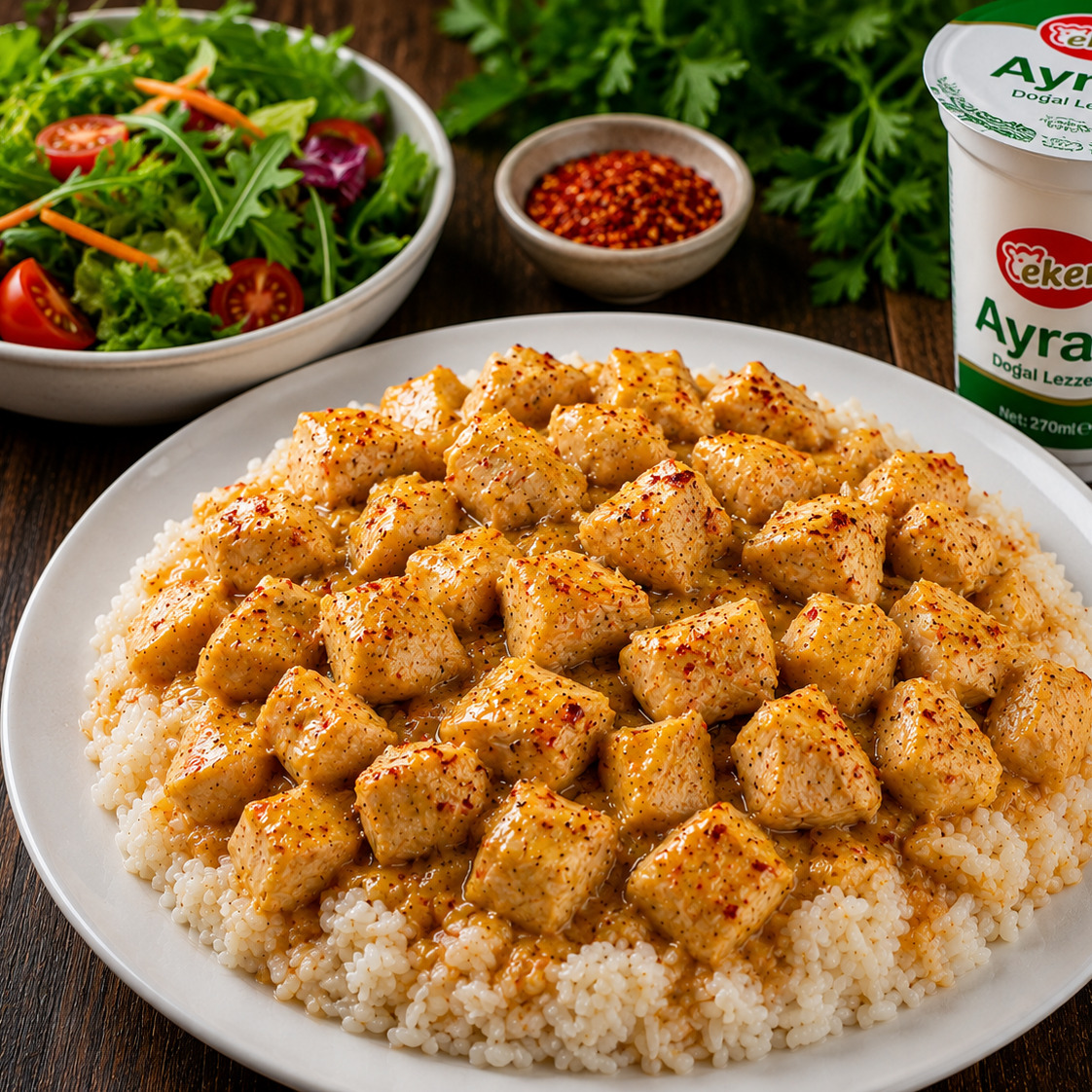 Tavuklu Pilav + Mevsim Yeşillikleri + 270ml Ayran Menü