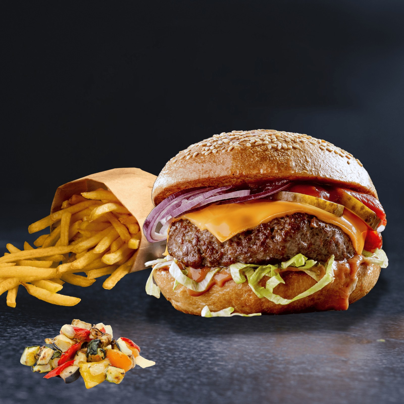 Köz Patlıcanlı Cheddar Et Burger