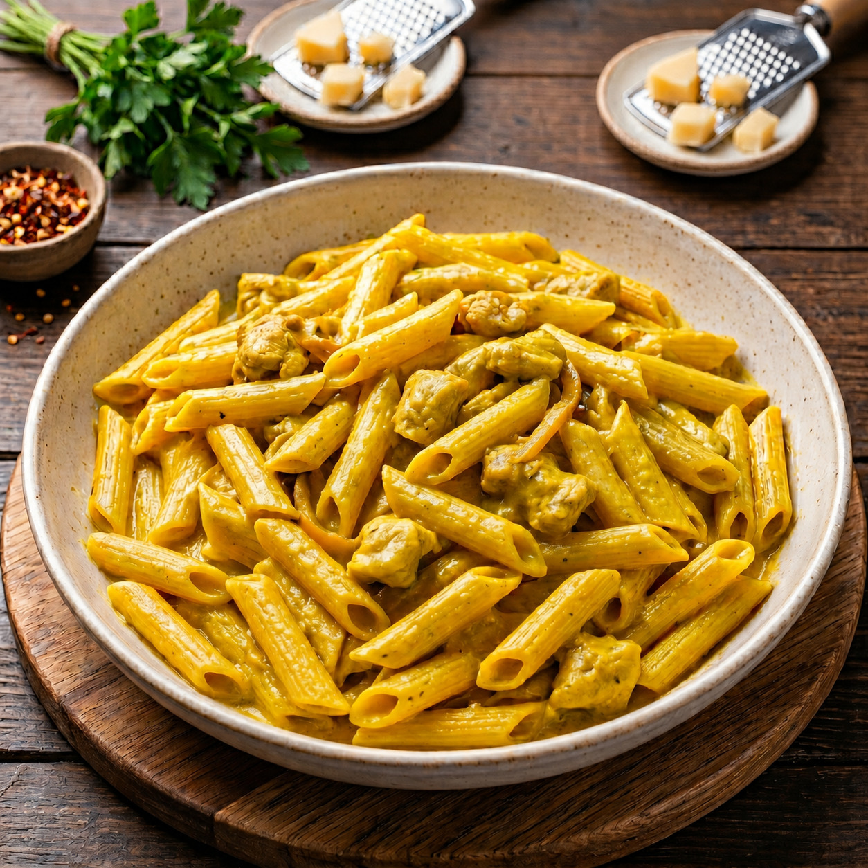 Köri Soslu Tavuklu Penne Makarna