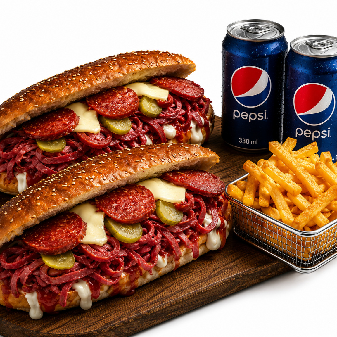 🥪🍟🥤 2 Adet İzmir Kumrusu + Çıtır Patates + 2 Adet Pepsi (330 ml)
