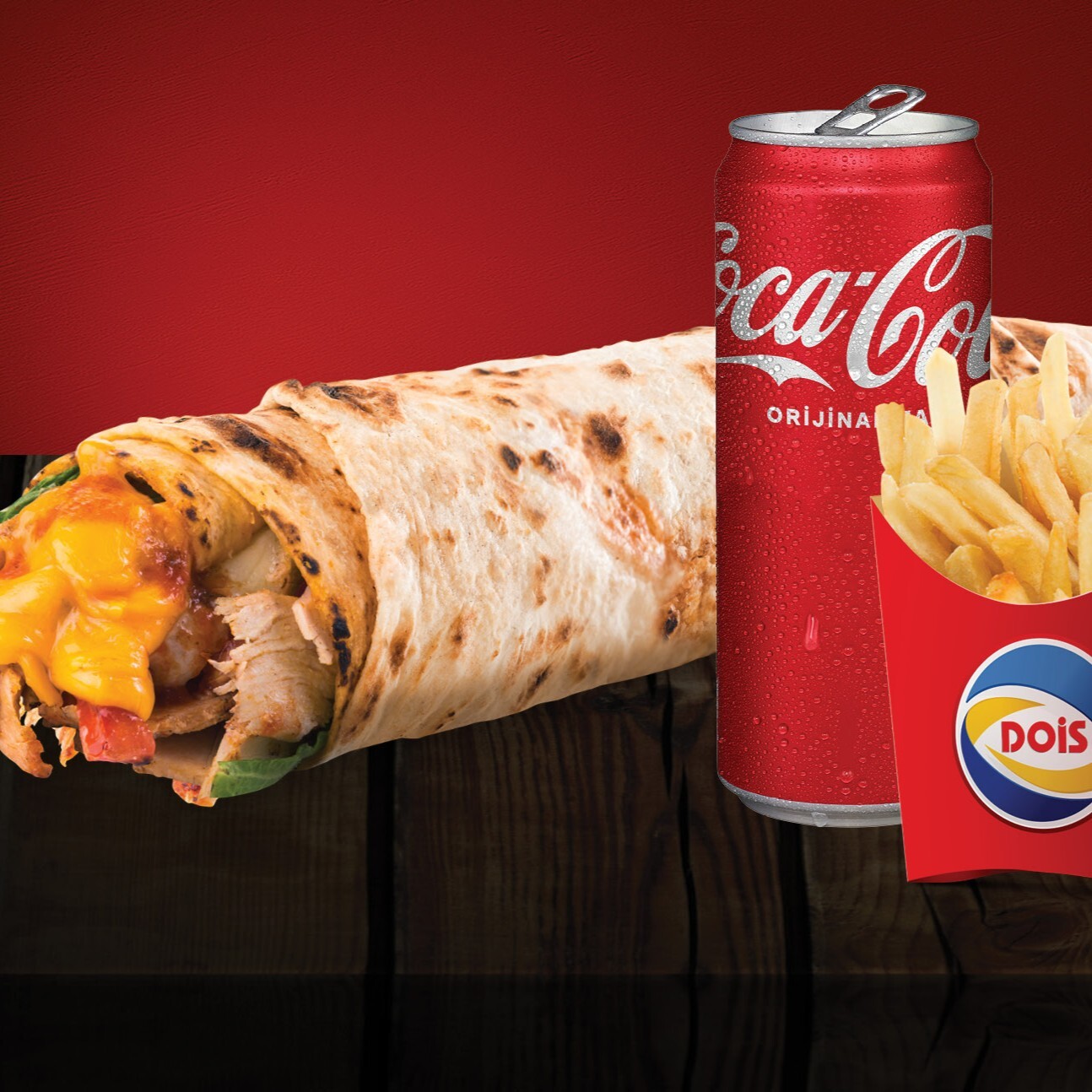 Coca-Cola Fırsatı Dois Dürüm Cheddar Dürüm +Patates Kızartması + Coca-Cola (33 Cl.)
