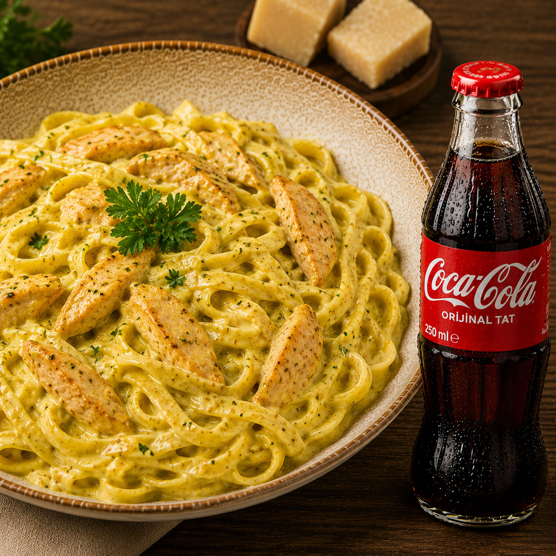 Tavuklu Köri Soslu Kremalı Fettucine Makarna + coca cola ( 250 ml )