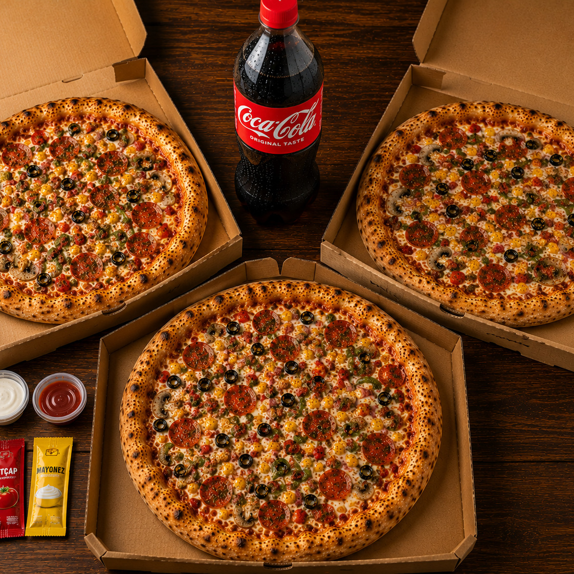 3 Adet Büyük Boy Karışık Pizza + 1 Litre Cola