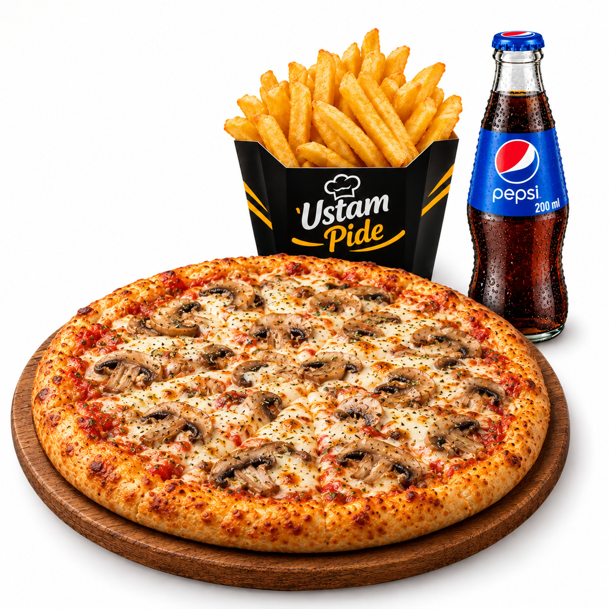 🍕🍟🥤Mantarlı Pizza + Çıtır Patates + Pepsi 200 ml