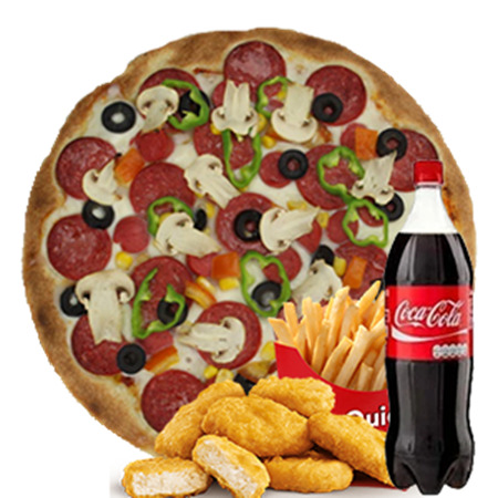Vip Pizza Menü(orta karışık+litre kola+patates+nuget)