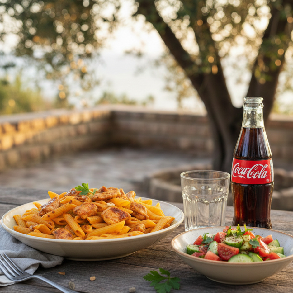 Penne Arrabbiata + Acı Tavuk + Salata + Coca-Cola (330 ml)