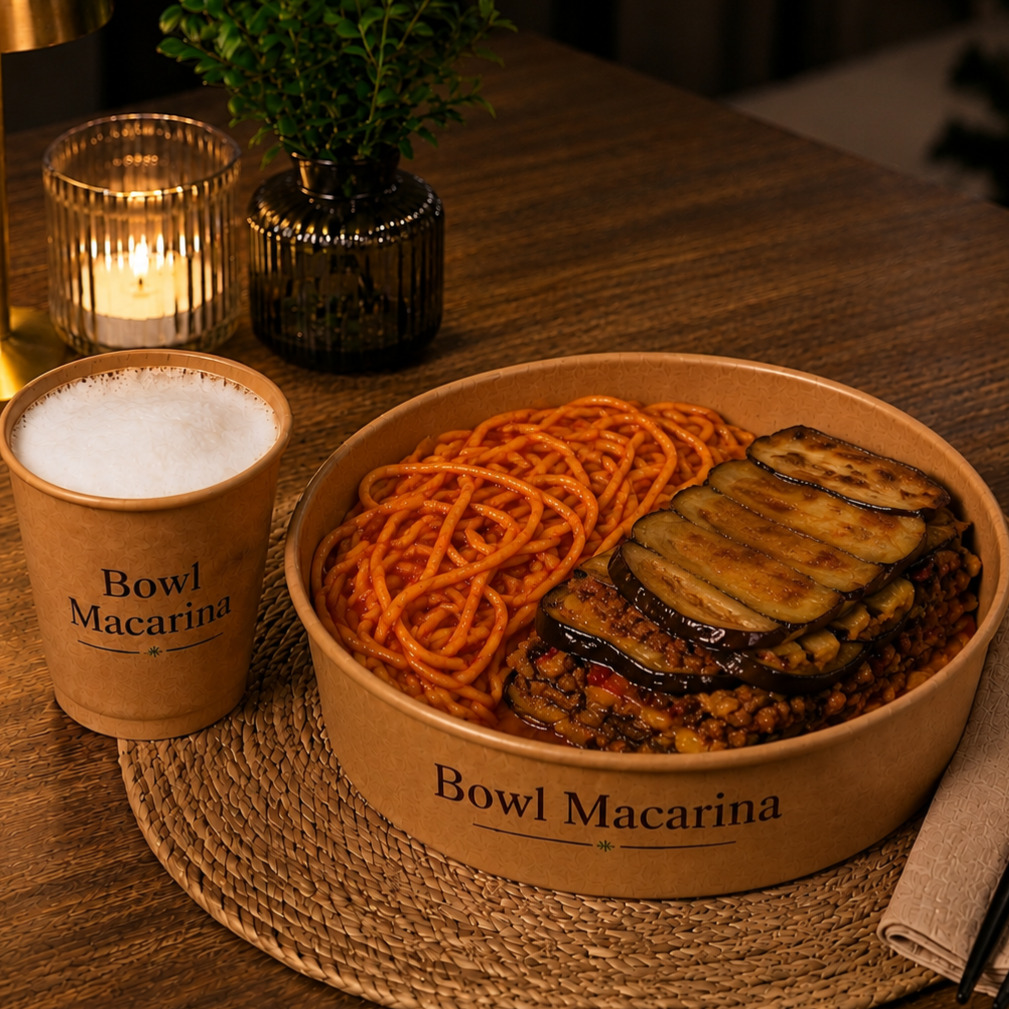 XXL Bowl Soslu Spagetti & Patlıcan Musakka + Ayran