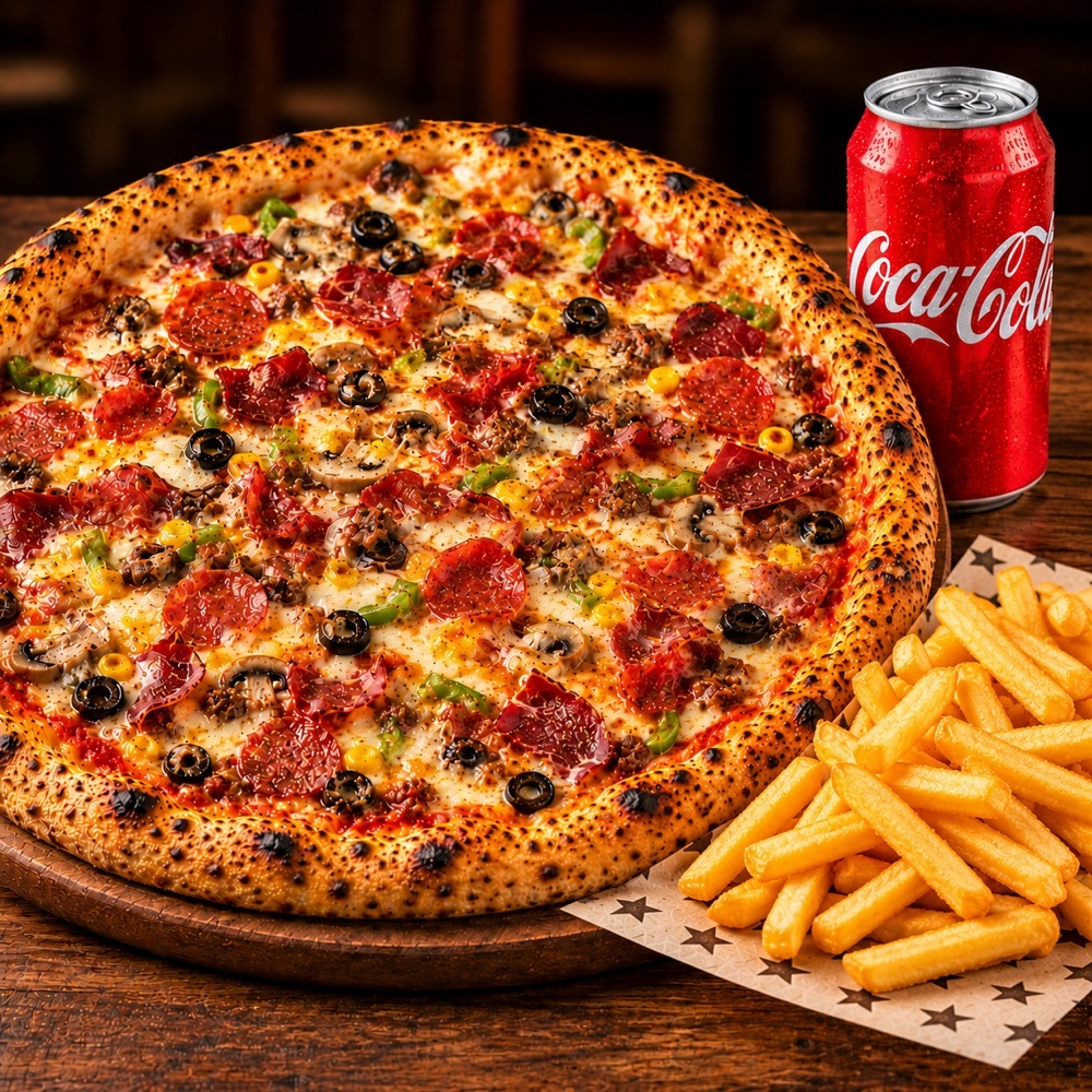 1 Adet Karışık Pizza + Patates Kızartması + Cola