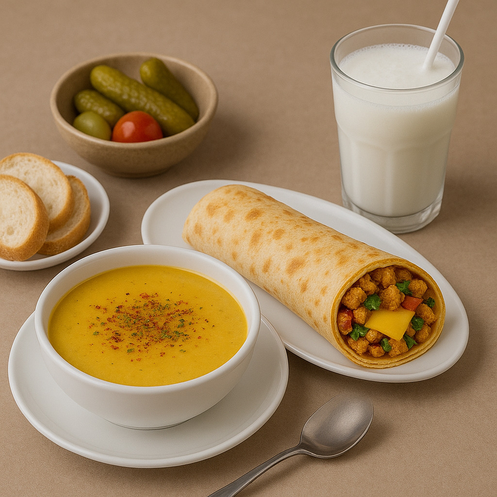 Cheddarlı Tavuk Tantuni Dürüm, Çorba ve Ayran Menü