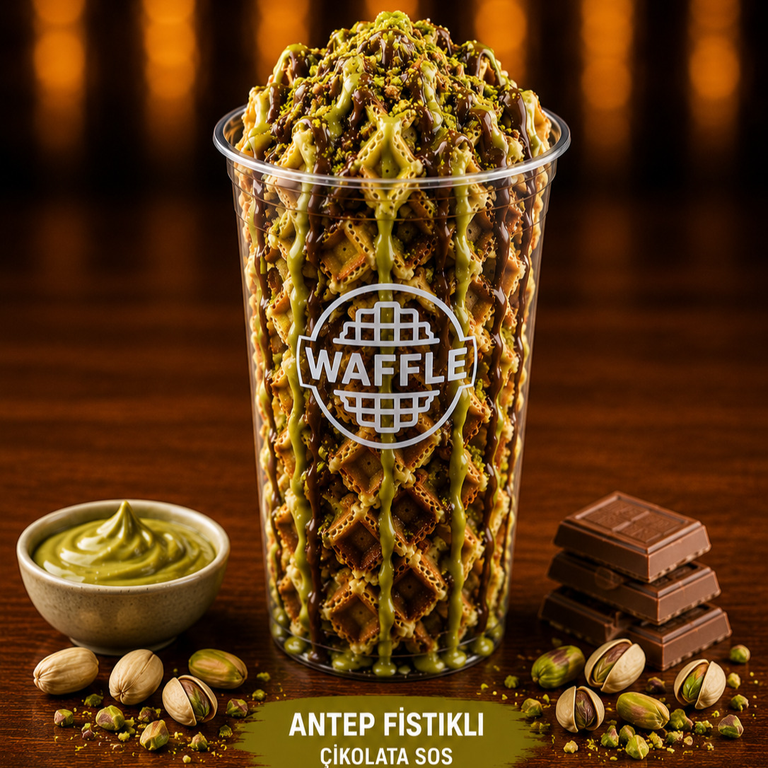 Bardak Waffle Antep Fıstık Sos + Sütlü Çikolata Sos