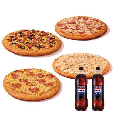 4 Adet Orta Boy Pizza + 2 İçecek (1 L.)