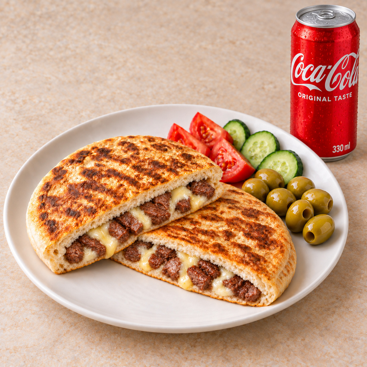 Kavurmalı Kaşarlı Bazlama Tost + Coca Cola Menü