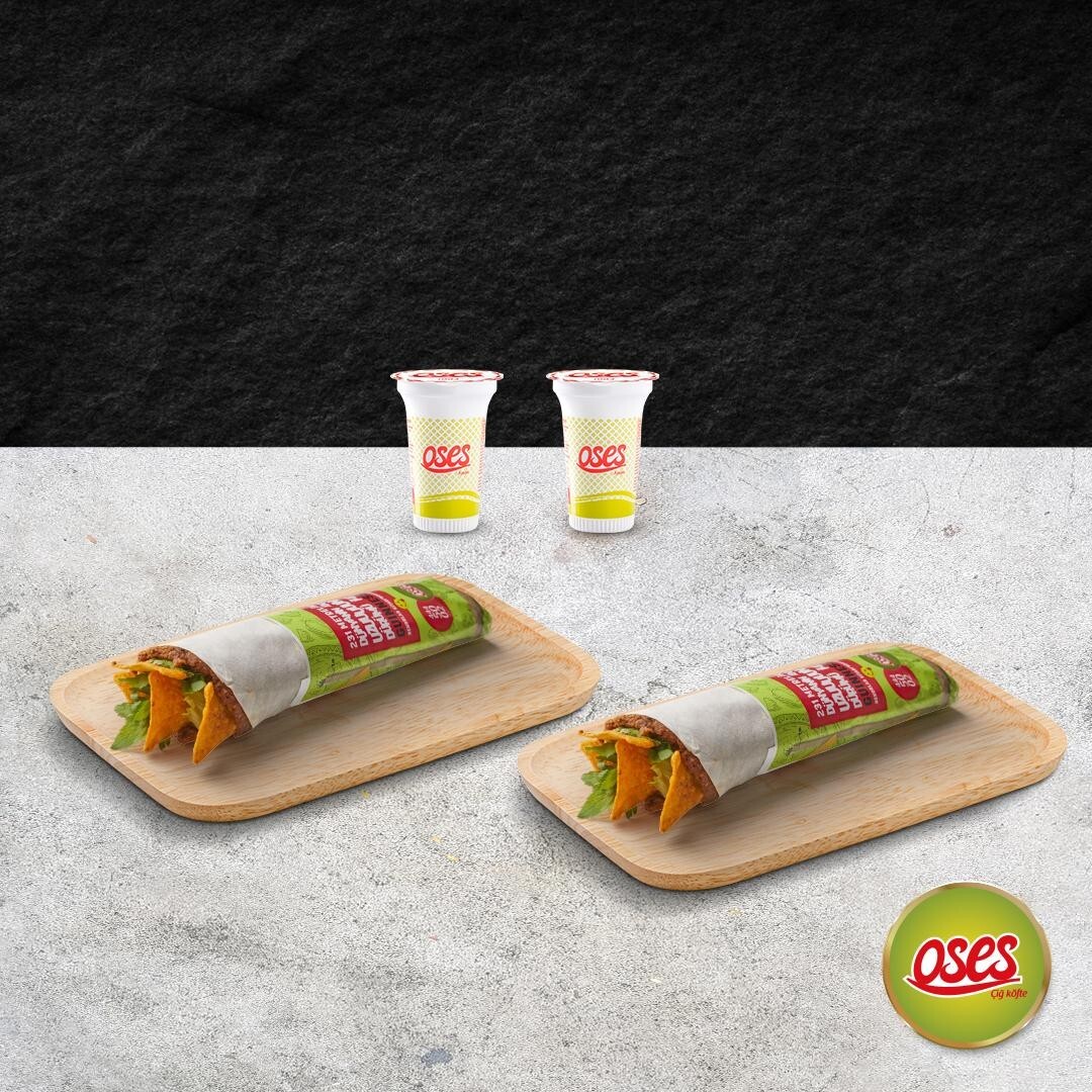 2 Doritoslu Mega Çiğ Köfte Dürüm (150 gr.) + 2 Oses Ayran (17cl)