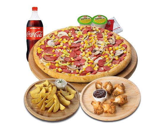 Büyük Boy Pizza & 6 Tavuk But & Elma Dilim Patates & 1 Lt. İçecek & 2 Sos