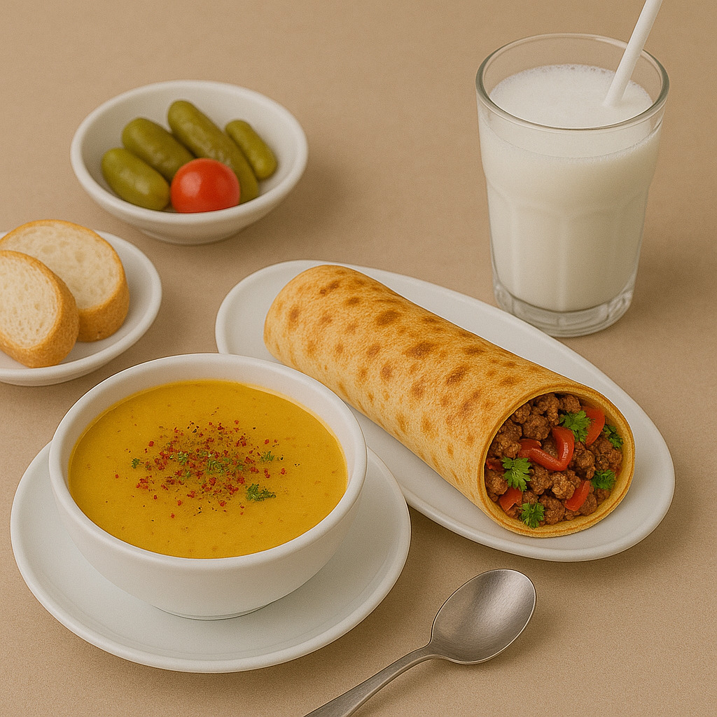 Acı Soslu Et Tantuni Dürüm, Çorba ve Ayran Menü