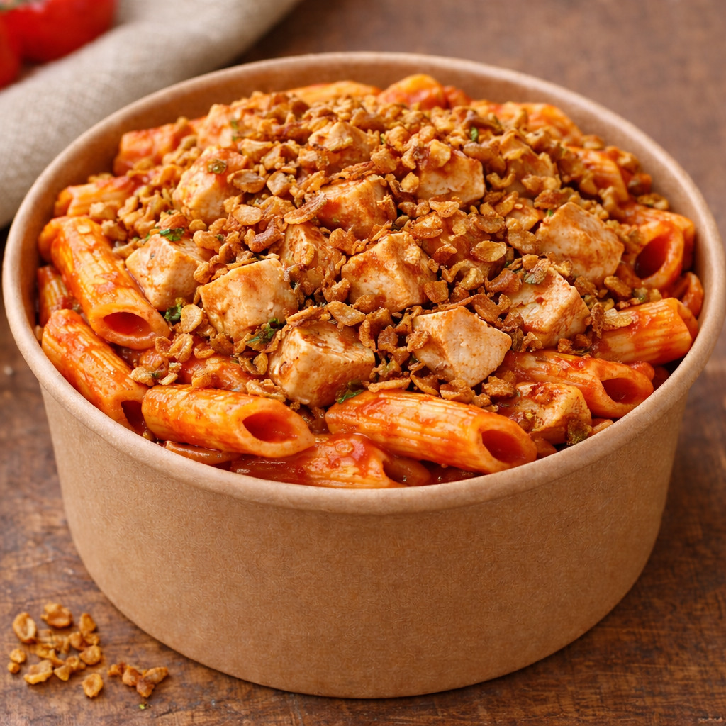 Domates Soslu Çıtır Soğanlı Tavuk Penne