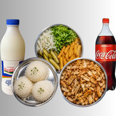 Aile Boyu ( (500 gr) Tavuk + (3 Porsiyon)pilav + Garnitür + (1 lt) İçecek)