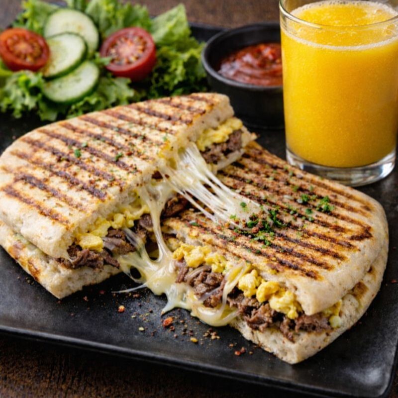 Omletli Kavurmalı Kaşarlı Bazlama + Taze Portakal Suyu