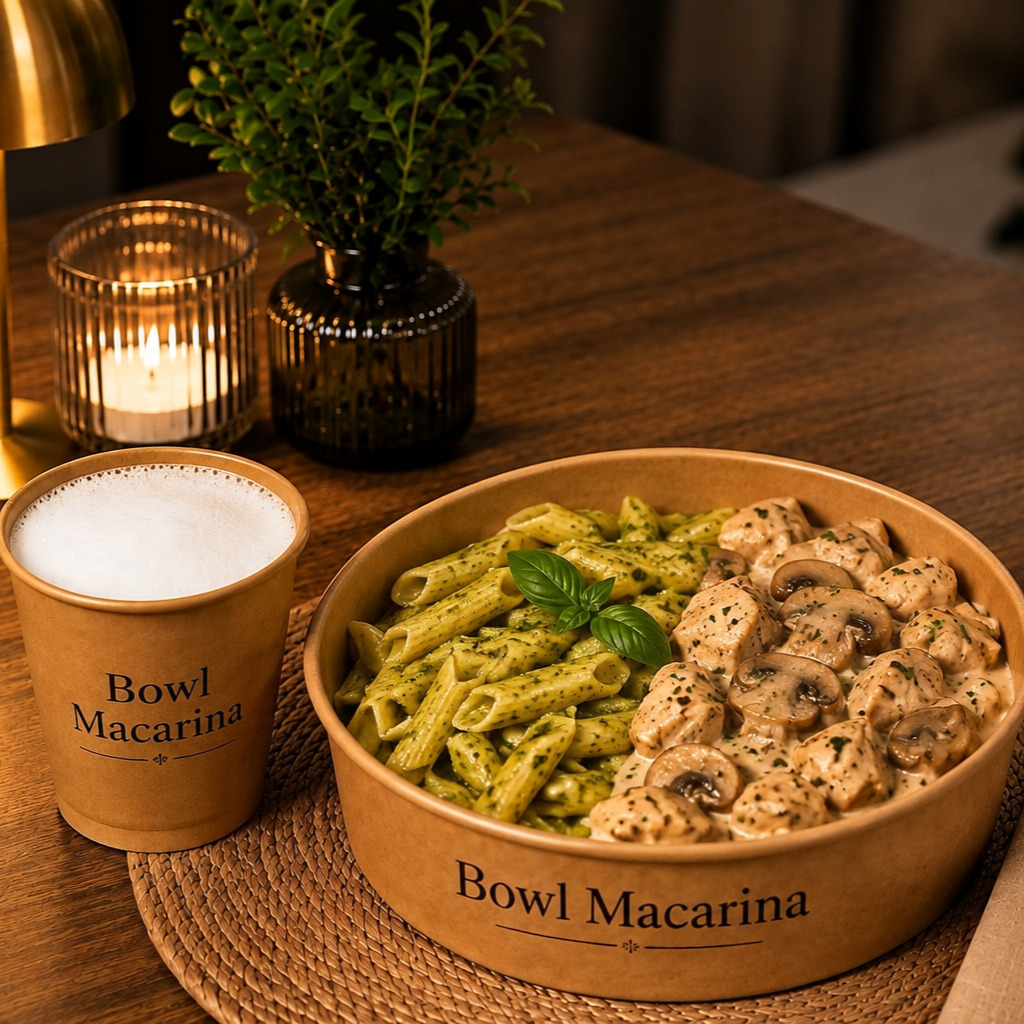 XXL Bowl Fesleğenli Makarna & Kremalı Mantarlı Tavuk + Ayran