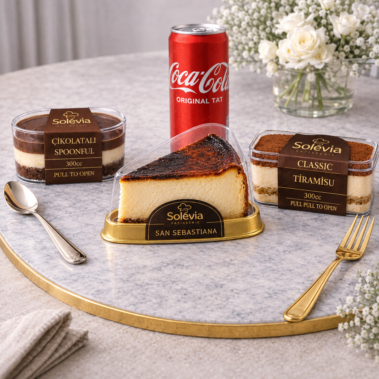 Süper 4'lü İtalyan Tarif Tiramisu + Belçika Çikolatalı Spoonful + San Sebastian + Coca Cola