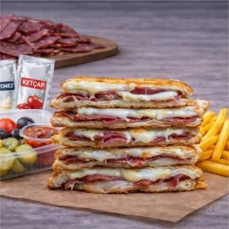 Pastırmalı Kaşarlı Tost 130gr özel ekmeğe ev yapımı salça kullanılarak servis edilir