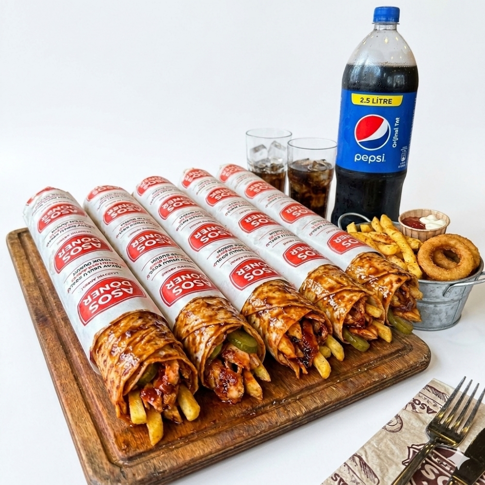 5 Hatay Usulü Zurna Dürüm, Patates Soğan Halkası 2.5 Litre Pepsi Hediye
