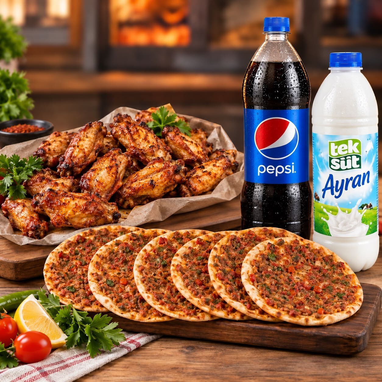 1 Kg Kanat 6 Adet Fındık Lahmacun 1 Lt Kola veya Ayran Menü