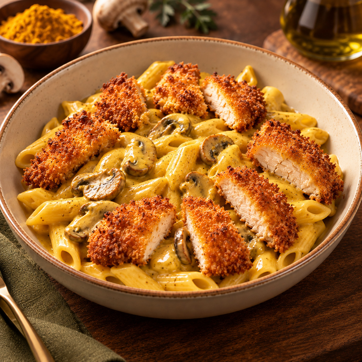 Cheddar Soslu Mantarlı Çıtır Tavuklu Penne