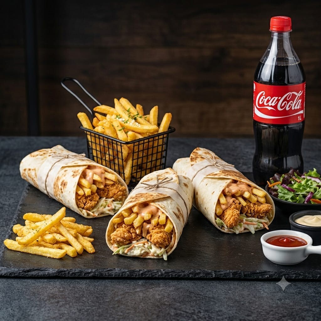 3'lü Wrap + Patates + 1 L İçecek Menü