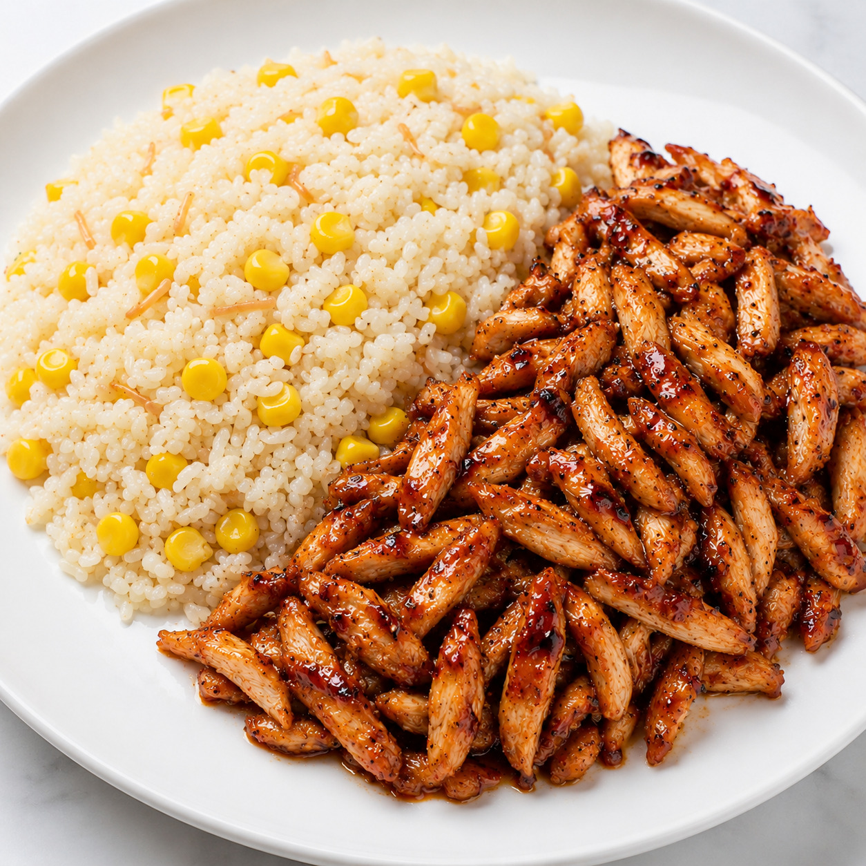 King Rice Tavuk Üstü 150 gr Barbekü Soslu Tavuk 250 gr Tereyağlı Pilav 50 gr Mısır50