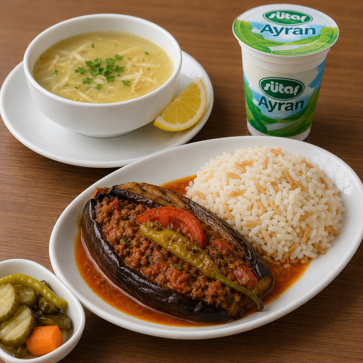 Karnıyarık, Mercimek Çorba, Pilav, Ayran