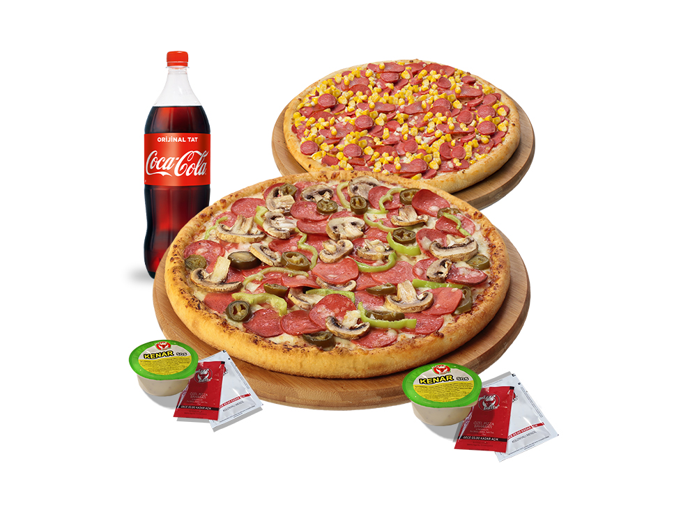 2 Adet Orta Boy Pizza + 1L. İçecek + Sos (438 + 438)