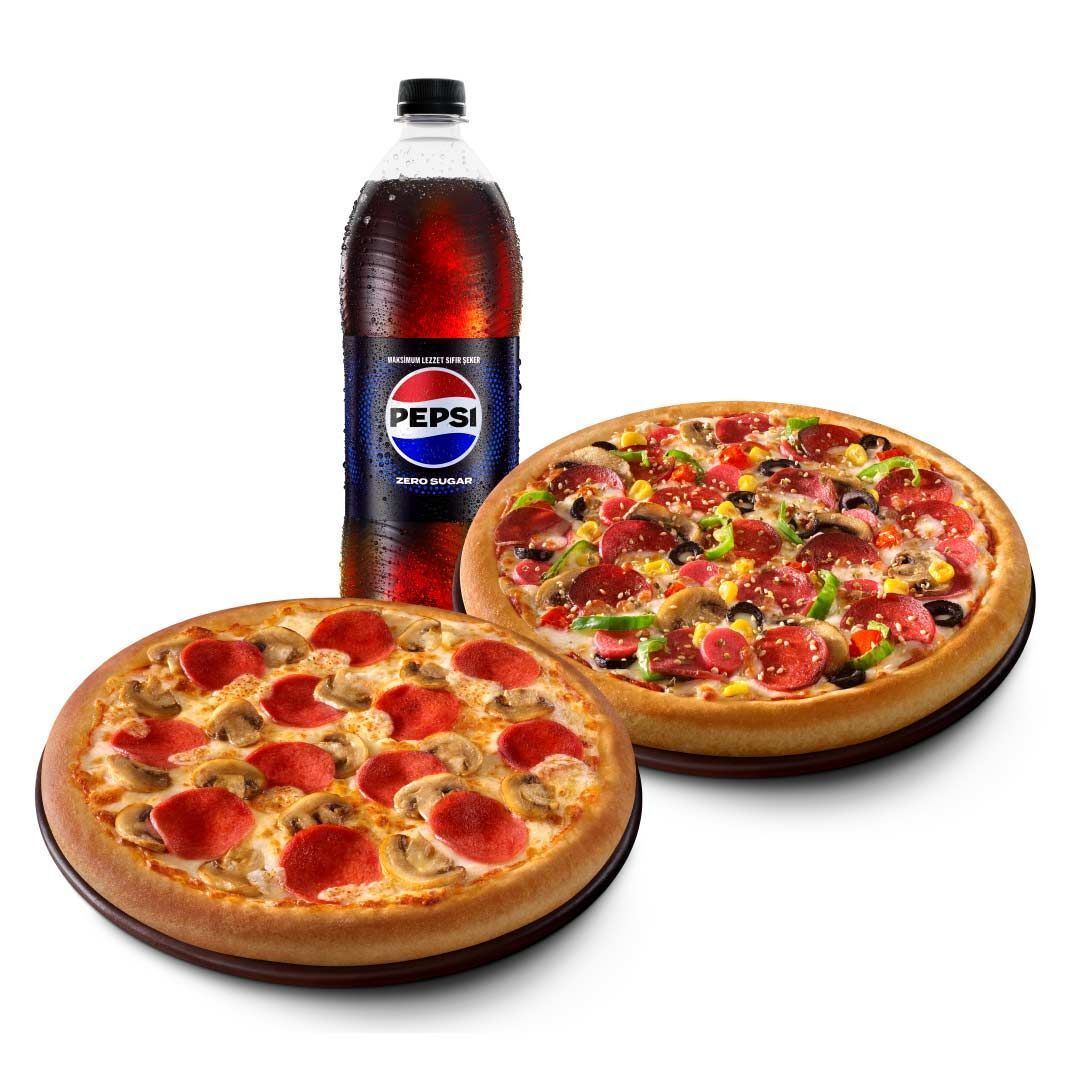 2 Büyük Boy Pizza + İçecek (1 L.)
