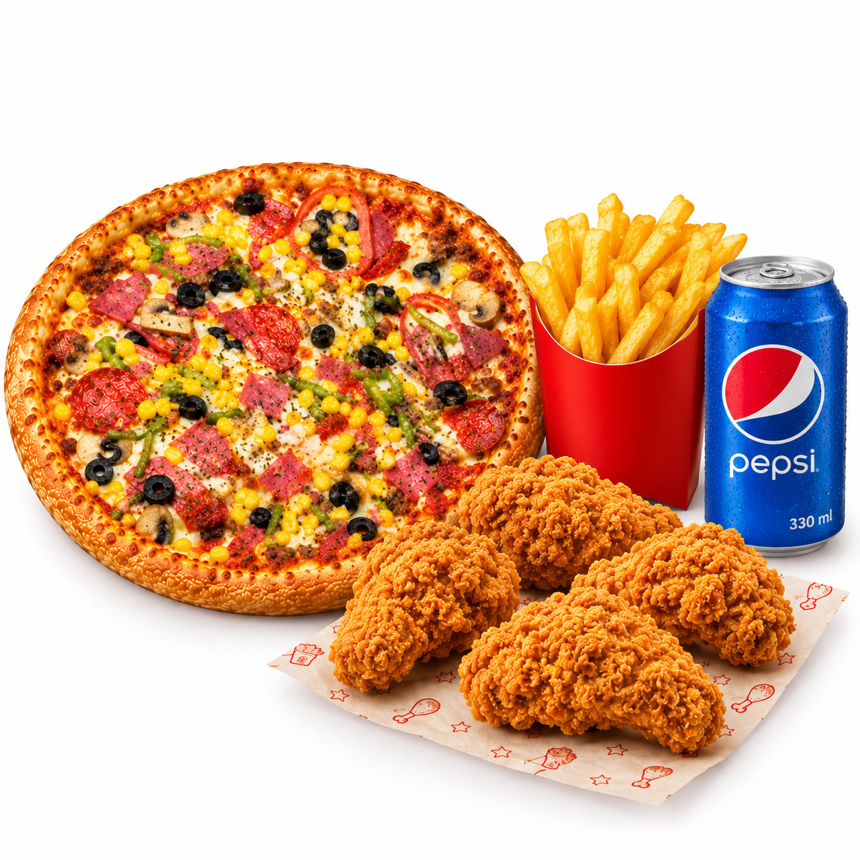 🍕🍟🥤Karışık Orta Boy Pizza + Çıtır Tavuk (3 Adet) + Patates Kızartması + İçecek