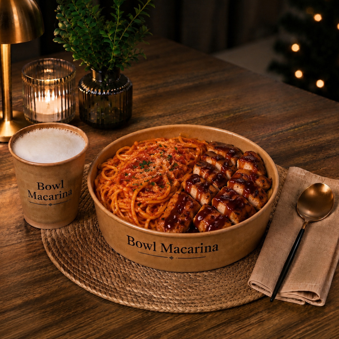 XXL Bowl Soslu Spagetti & Barbekü Soslu Tavuk + Ayran